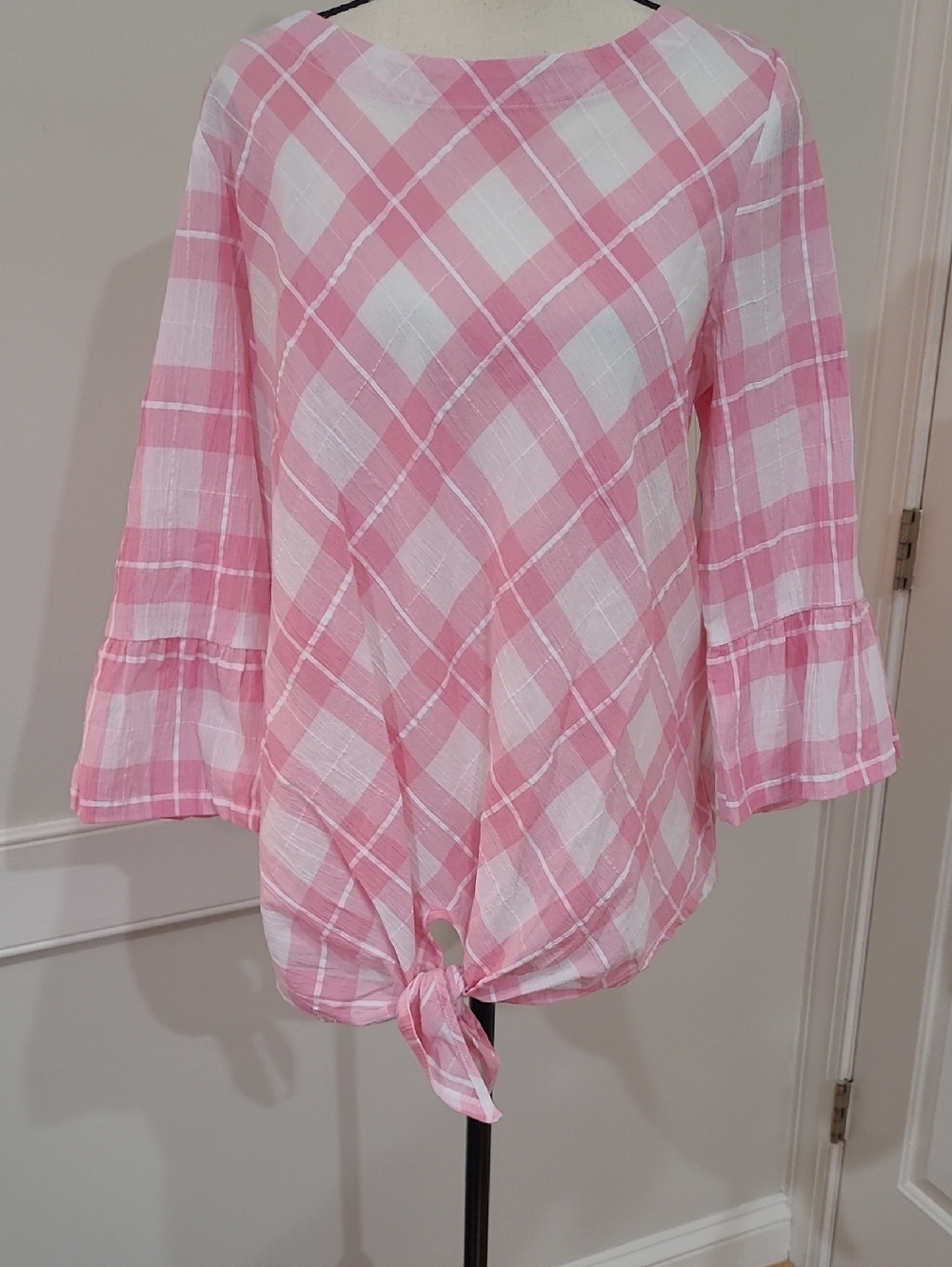 Rafaella Morning Glory Checkered Pullover Plaid Tie-Hem Top - Size L